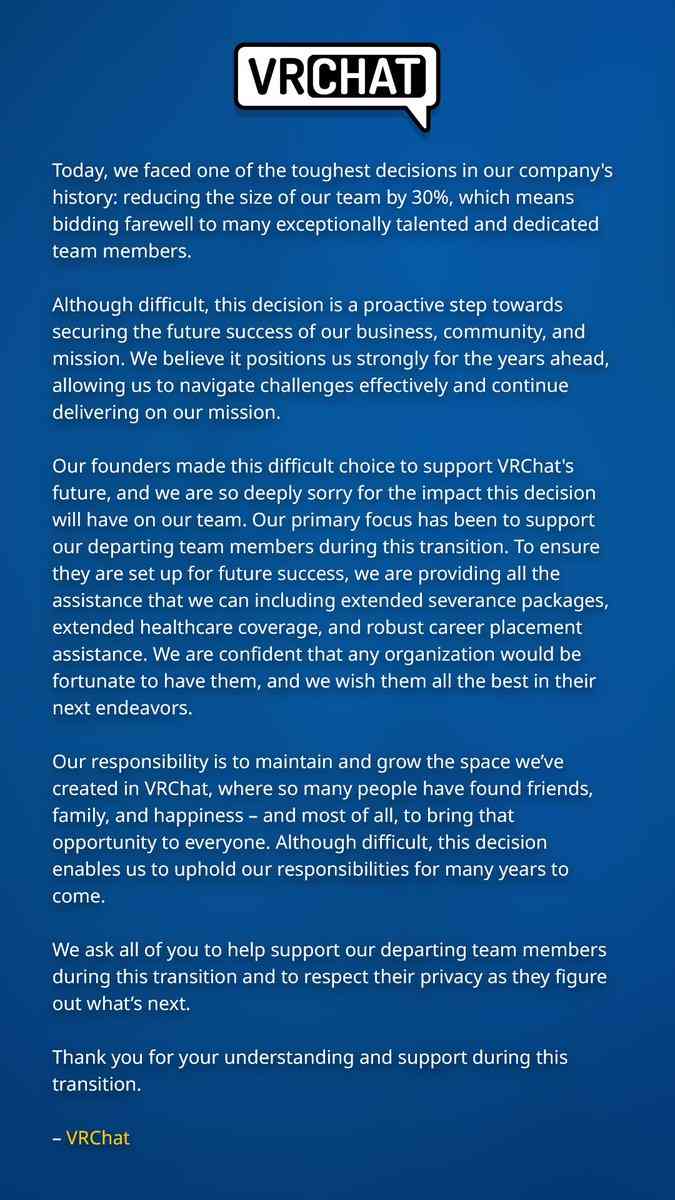 聊天空间《VRChat》开发商招人过度 宣布裁员30%(图1) 聊天空间《VRChat》开发商招人过度 宣布裁员30%(图1)